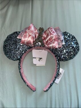 Disney Pink Bow Minnie Ears Headband with Blue Sequin Ears & Eiffel Tower Charm